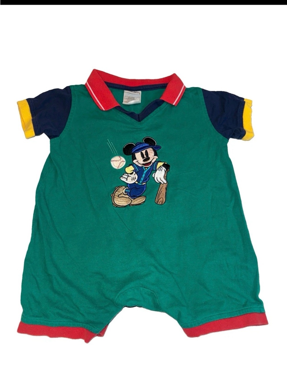 Vintage Disney Store Mickey Mouse Shorts Romper 18m Y2K 90s Green Baseball